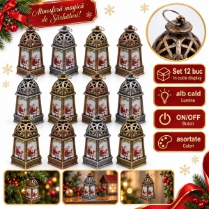 Felinare decorative de Crăciun cu LED alb cald, set de 12 bucati, 13x8 cm, culori asortate