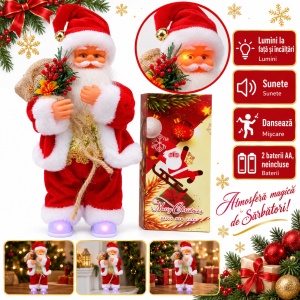 Figurină Moș Crăciun cu lumini, sunete și dans, roșu-auriu, plastic/textil, aprox. 30 x 12 cm