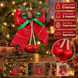 Funda decorativa de Craciun cu clopotei si conuri de brad, rosu si verde, 17x11cm - Img 4