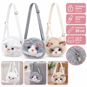 Gentuță de umăr pentru copii, model pisicuță, blăniță plușată, fermoar, 20 cm