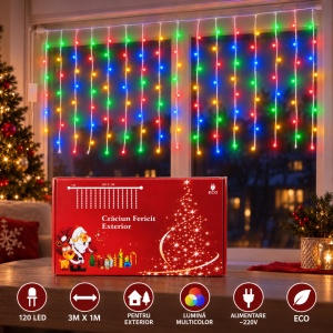 Instalație de Crăciun tip ploaie, 120 LED-uri, 3 × 1 m, exterior, fir alb, multicoloră - Img 6