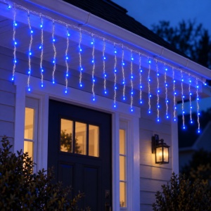 Instalatie LED tip ploaie, 120 de LED-uri albastre, 4 m, fir alb, interconectabila - Img 3
