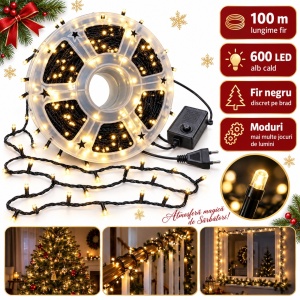 Instalație LED tip rolă, 100 m, 600 LED-uri, fir negru, LED alb cald