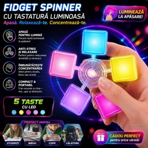 Jucărie Antistres Fidget Spinner cu 5 Taste Luminoase LED – Spinner Tastatura Pop It pentru Relaxare și Concentrare