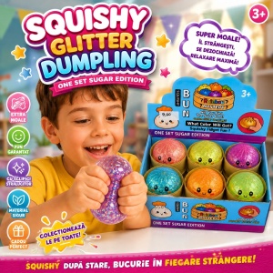 Jucărie Antistres Squishy Dumpling cu Gel și Sclipici, 8,5 cm, Model Aleatoriu