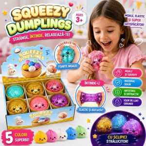 Jucărie Squishy Antistres Dumpling 8.5 cm cu Apă și Sclipici, Model Aleatoriu, Moale și Elastică - Img 2