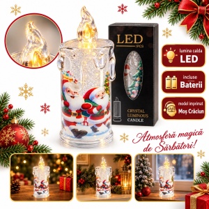 Lumânare decorativă cu LED, model Moș Crăciun, cristal transparent, lumină caldă, 10 cm