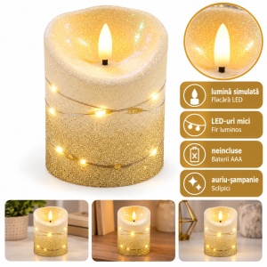 Lumânare LED decorativă, efect flacără realist, sclipici auriu, 9,5 cm