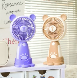 Mini Ventilator Portabil USB cu 3 Viteze, Suport Telefon si Baza, Model Urs, Bej - Img 3