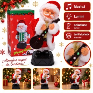 Moș Crăciun decorativ de Crăciun cu chitară, muzică și lumini, pe baterii, 26x11 cm