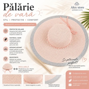 Pălărie Damă de Vară Roz Pudrat cu Bor Lat și Perle Decorative – Reglabilă, Protecție UV - Img 2