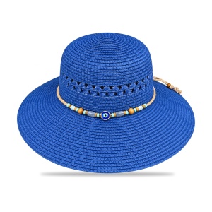 Pălărie de Plajă Albastră cu Boruri Largi și Accesoriu Decorativ