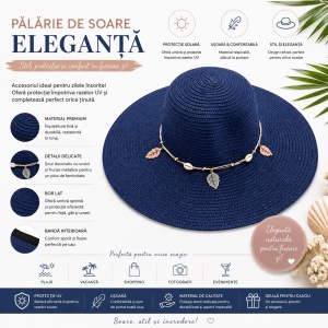 Pălărie de Soare Damă Albastru Bleumarin cu Bor Lat și Șnur Decorativ cu Scoici și Frunze - Img 2