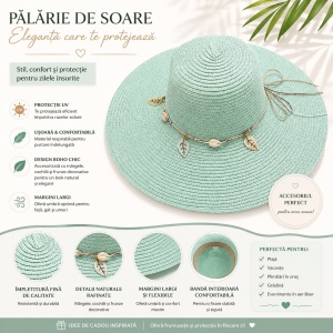 Pălărie de Soare Damă Verde Mentă cu Bor Lat și Accesorii Boho - Img 2