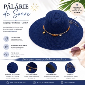 Palarie de Soare pentru Dama Albastru Inchis cu Boruri Largi si Accente Decorative - Img 2