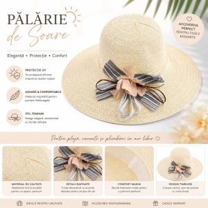 Palarie de Soare pentru Dama Crem cu Boruri Largi si Fundita Decorativa - Img 2