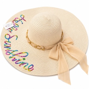 Palarie de Soare pentru Femei, Crem cu Fundita Bej si Inscriptie “Hello Sunshine”, Eleganta de Vara - Img 1