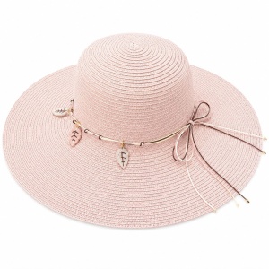 Palarie de Soare pentru Femei, Roz Pastel, cu Frunze si Fundita, Boruri Largi, Eleganta si Confortabila