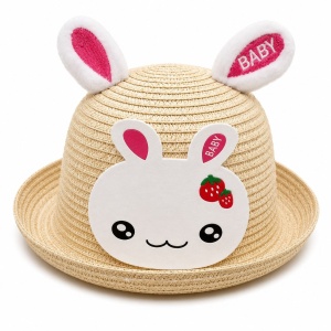 Palarie de Vara Crem cu Iepuras Roz pentru Copii, Protectie UV si Design Adorabil