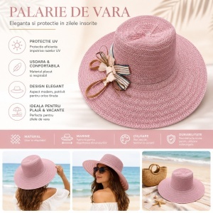 Palarie de Vara Eleganta pentru Femei, Roz Pastel cu Bor Lat si Detalii Decorative - Img 2