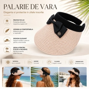 Palarie de Vara Tip Cozoroc pentru Femei, Roz Pudrat cu Fundita Neagra Eleganta - Img 2