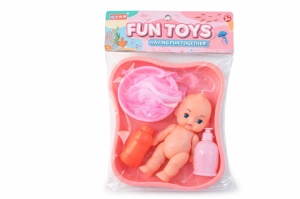 Papusa bebe cu cadita si accesorii baie roz, set jucarie copii