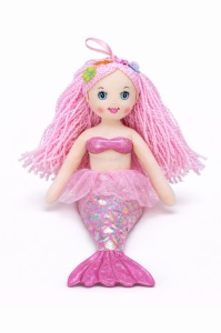 Papusa sirena muzicala roz deschis din material textil 40 cm, canta Bau Bau