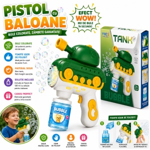 Pistol de Facut Baloane de Sapun, Model Tanc, cu Lumini, Jucarie pentru Copii