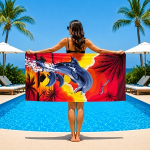 Prosop de Plajă model exotic cu delfini 70x140 cm – Microfibră Premium cu Delfini și Apus Exotic