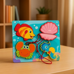 Puzzle din Lemn Educativ pentru Copii , Modele Diverse Fructe si Animale Marine, 19.5x18cm - Img 2
