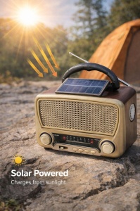 Radio portabil retro cu panou solar, Bluetooth, USB, FM/AM, acumulator reincarcabil - Img 2