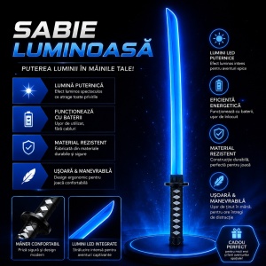 Sabie albastră cu teacă și lumini LED, 67 cm – sabie de jucărie din plastic pentru copii