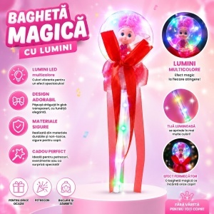 Set 10 baghete magice cu lumini LED rosii si papusica pentru copii, efect multicolor