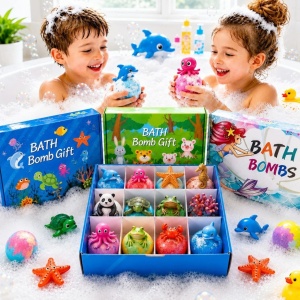 Set 12 Bile Efervescente de Baie pentru Copii cu Figurine Surpriză – Bombe de Baie Colorate cu Animăluțe