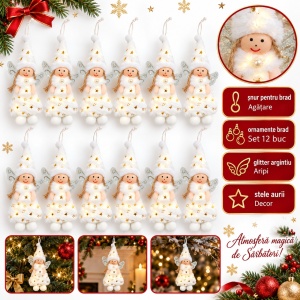 Set 12 bucăți ornamente brad îngerași din pluș cu aripi argintii sclipitoare, 20×8 cm