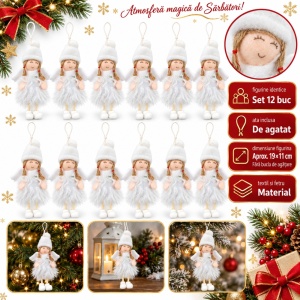 Set 12 bucăți ornamente înger de Crăciun pentru brad, cu ață de agățat, 17,5x10 cm
