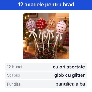 Set 12 decoratiuni de brad de Craciun tip acadea, cu fundita, culori asortate, 17cm - Img 2
