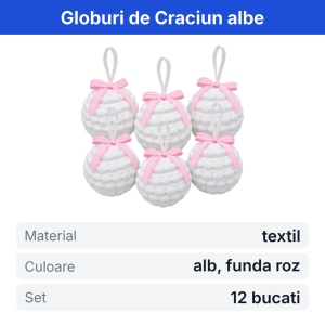 Set 12 globuri de Crăciun din material textil, alb cu fundă roz, 34x24x7cm - Img 2