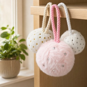 Set 12 globuri pufoase decorative, model asortat roz si alb, cu snur de suspendare, 23x18cm - Img 2