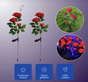 Set 2 Lămpi Solare Decorative de Grădină, Flori de Plastic cu LED, Roșu, Rezistente la Apă - Img 3