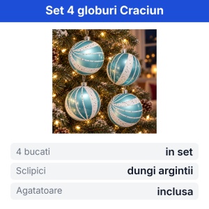 Set 4 globuri de Craciun, albastru cu sclipici argintiu pentru brad, 16x16x7cm - Img 2