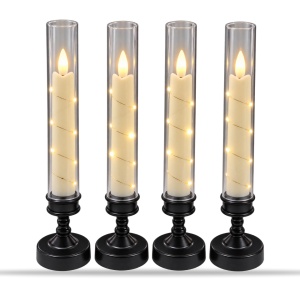Set 4 Lumânări LED cu efect flacără, suport negru, plastic 29x6,5 cm - Img 2