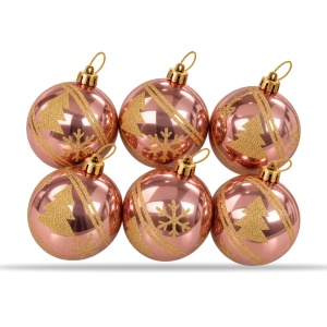 Set 6 globuri de Craciun rose-gold, model brăduți și fulgi de nea, glitter auriu, 24x16x8cm