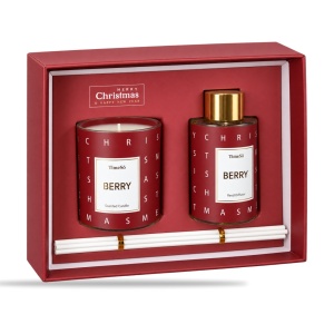 Set cadou cu lumânare din ceară și odorizant cu bețișoare, parfum fructe de pădure, roșu, 23×18 cm - Img 4