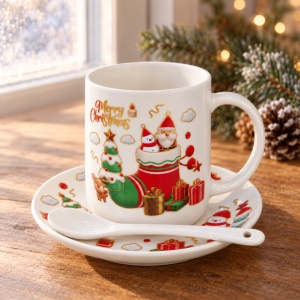 Set cadou de Crăciun cană ceramică cu farfurioară și linguriță, 3 piese, 16x18cm - Img 3