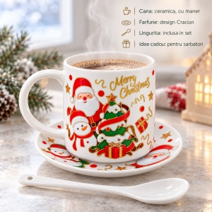 Set cana ceramica cu farfurie si lingurita, model Mos Craciun, idee cadou, 16x18cm - Img 2