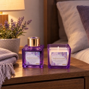 Set cu lumânare din soia și difuzor cu bețișoare, parfum lavanda, cutie mov - Img 3