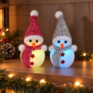 Set de 12 decoratiuni Oameni de zăpadă, roz si argintiu, cu lumini multicolore ,din plastic, 13x7 cm - Img 3