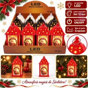 Set de 12 Felinare decorative de Crăciun cu LED, buton ON/OFF, plastic, 15x6.5 cm - Img 2
