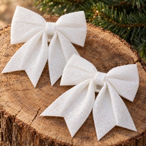 Set de 2 buc Cu Fundițe decorative de Crăciun albe cu sclipici, prindere plastic, 30x20 cm - Img 4